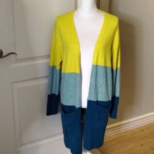 a new day color block open sweater cardigan duster size large yellow blue soft